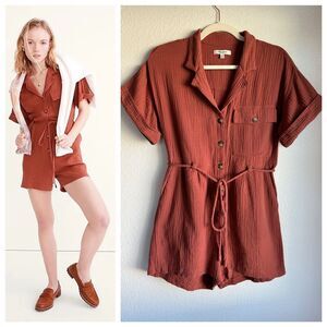 Madewell Women's Lightspun Belted Safari Romper in Weathered Brick Size XXS